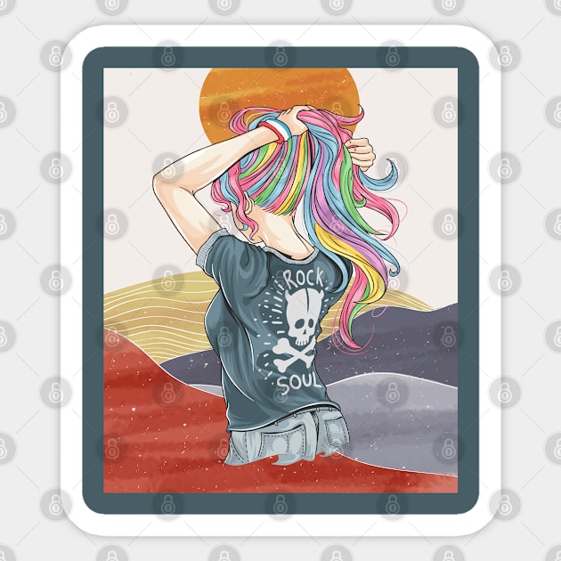 Drawn girl unicorn with rocker t-shirt artwork, abstract contemporary aesthetic background landscape Sticker by Modern Art